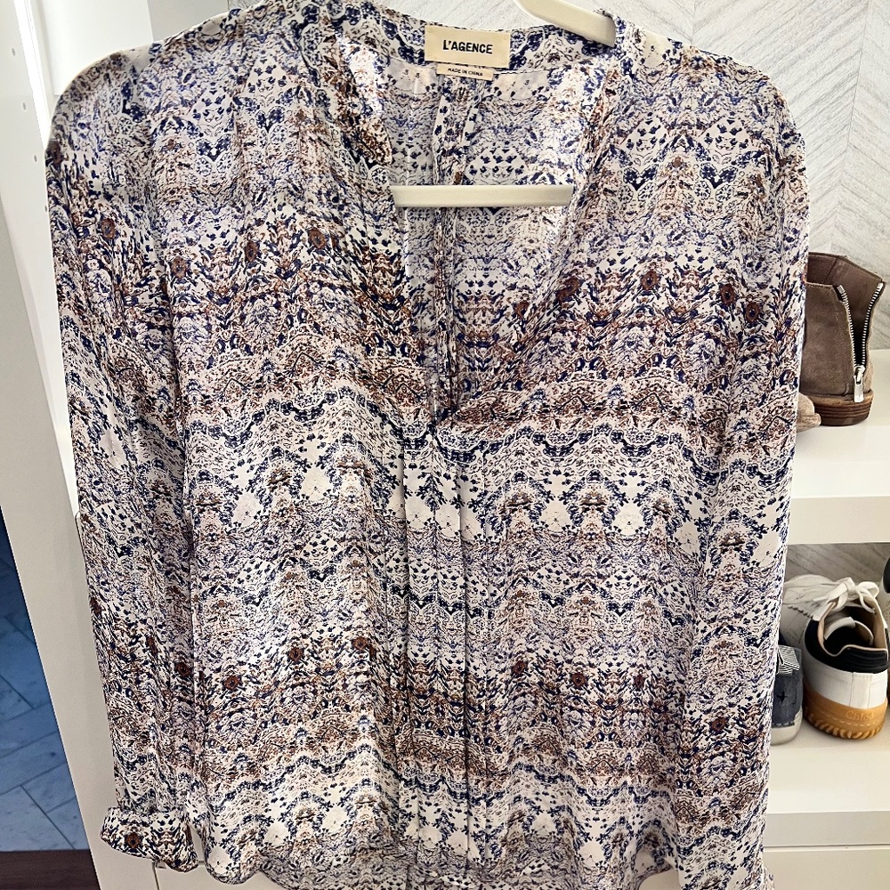 Silk brown / and navy tunic style silk blouse.